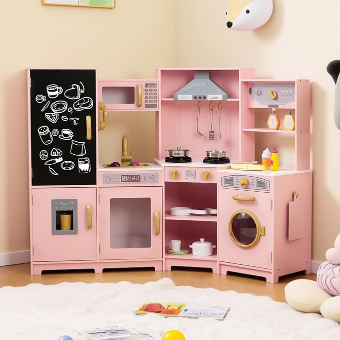 HONEY JOY Corner Play Kitchen, Large Wooden Pretend Toy Kitchen Set w/Lights, Ice & Coffee Maker, Range Hood, Chalkboard, Microwave, Cookware, Little Chef Kids Kitchen Playset for Toddlers (Pink)