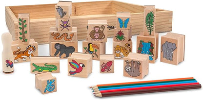 Melissa & Doug Stamp-a-Scene Stamp Set: Rain Forest - 20 Wooden Stamps, 5 Colored Pencils, and 2-Color Stamp Pad