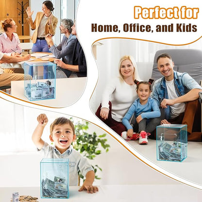 Hicocool Clear Piggy Bank with Lock, Acrylic Piggy Bank for Adults Kids Openable, Reusable Money Saving Box with Key for Birthday (Cyan)