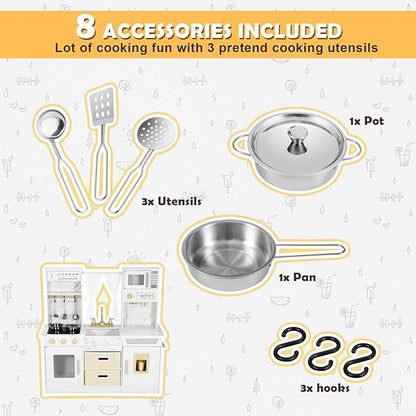 JOYLDIAS Play Kitchen, Wooden Kids Play Kitchen Playset Chef Pretend Play Set for Toddlers w/Ice Cube Dispenser, Oven, Cooking Accessories,Trendy Home Style w/Curtains, Storange Box, Gift for Ages 3+