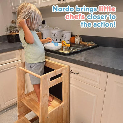 Toddler Kitchen Stools Helper with Adjustable Height and Anti-Slip Protection, Kids Standing Tower with Safety Rail, Kids Montessori Stool with Learning Chalkboard, Natural