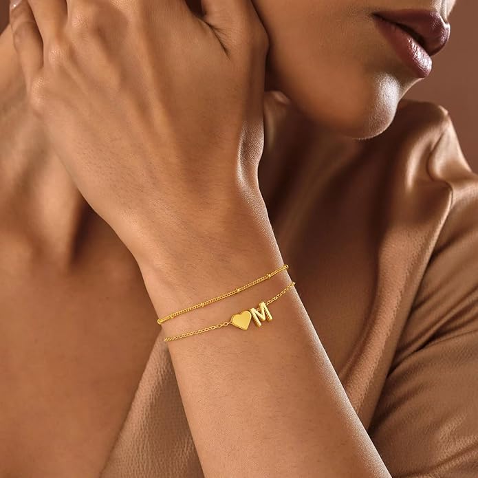 M MOOHAM Initial Heart Bracelets for Women - Layered Dainty 14K-Gold-Plated Heart Letter A-Z Charm Bracelets for Women, Chain Link Charm Bracelets Beaded Bracelets Birthday Gifts Womens Jewelry