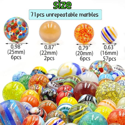 71pcs Assorted Marbles for Kids Handmade Big and Small Glass Marbles Bulk Set for Marble Game Toy Cool and Colorful