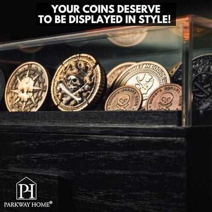 Black Wooden Challenge Coin Display Case with Clear Cover - Medium Military Coin Display Case Holds 20 Coins on Top & 16 in The Storage Drawer - Versatile Coin Stand Holder & Poker Chip Display Case