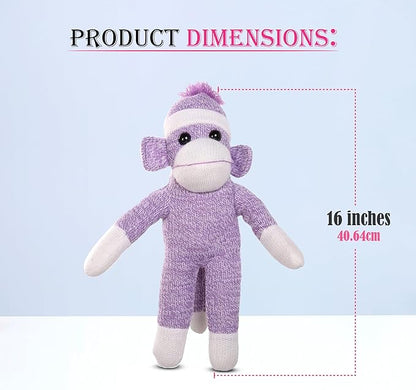 Adorable Sock Monkey, The Original Traditional Hand Knitted Stuffed Animal Toy Gift-for Kids, Babies, Teens, Girls and Boys Baby Doll Present Puppet (16" Purple)