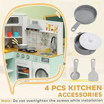 Qaba Play Kitchen, Corner Kids Kitchen Playset with Chalkboard, Range Hood, Ice Maker, Stove, Refrigerator Microwave, Realistic Sound & Lights, Pots, Gift for Toddlers Ages 3+ Years Old