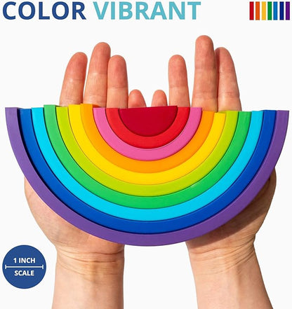 BLUE GINKGO Silicone Rainbow Stacker - Montessori Nesting Puzzle | Kids and Toddler | Stacking Sensory Toys - 10 Layers (Vibrant)