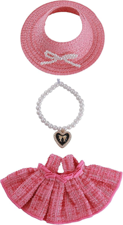 17cm Doll Clothes Set 3-Piece Pink Outfit Set with Pink Dress Necklace Hat Accessories for 17cm Plush Dolls, Clothes Only, No Doll Included