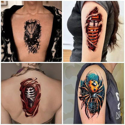 77 Sheets 3D Realistic Temporary Tattoos Adults Kids, Spider Skull Tiger Lion Dragon Snake Temporary Tattoos for Women Men, Half Arm 3D Halloween Temp Tattoos Body Shoulder Tatoos Waterproof