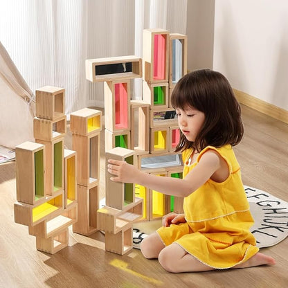 Large Wooden Building Blocks Set for Toddlers, 36 PCS Big Colorful Rainbow Window Hollow Blocks Set Montessori STEM Construction Toy for Kids Sensory Stacking Blocks for Preschool Kindergarten Play
