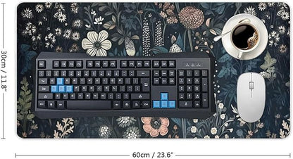 Dark Flower, Floral Plants Mouse Pad, Aesthetic Wildflowers Desk Pad, Gaming Mouse Pad, Non-Slip Rubber Base, Stitched Edges，23.6x11.8 inch Computer Mouse Mat Keyboard for Home Office