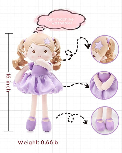 LeyaDoll Personalized Soft Baby Doll Toys for Girls (16''), My First Christmas Dolls, Leya Doll Baby Rag Doll Plush Toys for Toddler Kids Infants -Princess Starlet Light Purple
