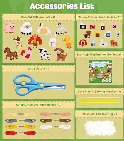 YEETIN Sewing Kit for Kids Ages 6+, Beginner Felt Sewing Craft Kit, DIY Farm Stuffed Animals Making Set, Learn to Sew Gifts for Birthday