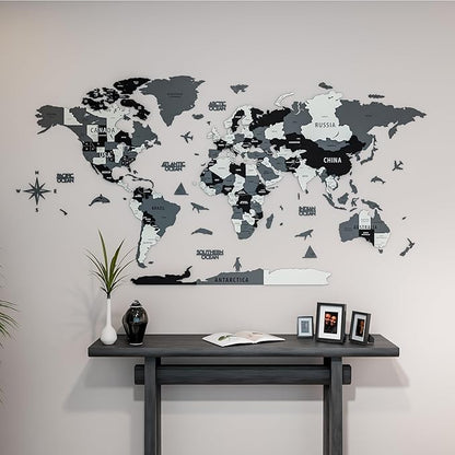 Colorfull Worlds 3D Wooden World Wall Art | Unique Wall Decor with Pins for Travel Enthusiasts | Home and Office Wall Décor | Grey | Large