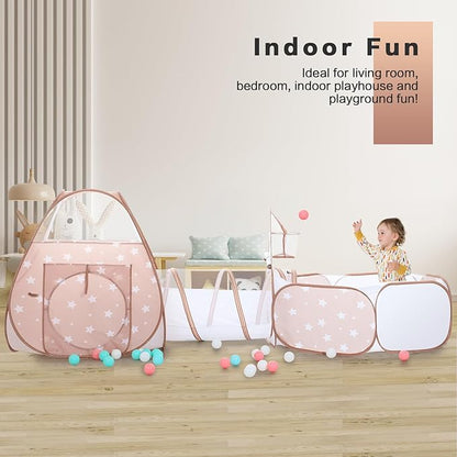 PigPigPen 3 in 1 Kids Play Tent with Play Tunnel and Ball Pit, Toddler Clibing Toys for Boys & Girls, Pop Up Playhouse Toys for Baby Indoor Outdoor, Gift for 3+ Year Old Child