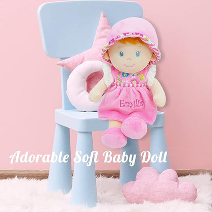 June Garden Personalized Soft Dolly Emilia - Stuffed Soft Baby Doll for Birth and Up with Custom Name - Pink Dress - 13"