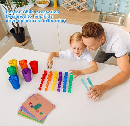 NEOROD Rainbow Counting Bears with Matching Sorting Cups, Number Color Recognition STEM Educational Toddler Preschool Math Manipulatives Toy Set of 90, 2 Tweezers, 2 Dices, 12 Cards, Container