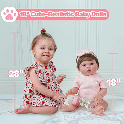 SCOM Reborn Baby Doll Girl - 18 Inch Realistic Real Life Doll with Hair, Silicone Baby with Anatomically Correct, Newborn Lifelike Toddler with Cloth Body & Vinyl for Age 3 4 5 6 + Year Old Gift