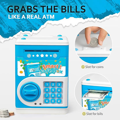 ATM Piggy Bank for Boys Girls, Vcertcpl Mini ATM Coin Bank Money Saving Box with Password Code, Kids Safe Money Jar for Real Money with Auto Grab Bill Slot, Great Gift Toy Bank for Kids (Blue)