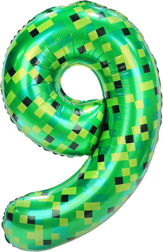 40in Pixel Giant Number 9 Balloon Birthday Decorations, Miner Theme Green Foil Balloons Blast Gaming Party Supplies