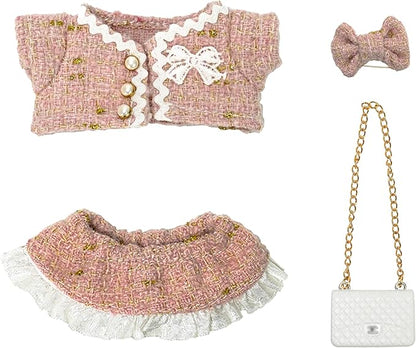 17cm Doll Clothes - Princess Dress with Velvet Hair Bow, Party Outfits for Plush/Blind Box, Luxury Chic Style Set, High-End Fashion Accessories (Pink Skirt Suit)