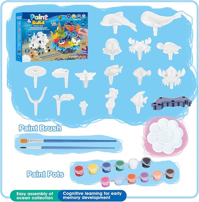 Ocean Reef Sea Creatures 37pcs Water Washable Painting & Building Toy Set, Children's Activity Art Kit, Paint Your Own Buildable Ocean Reef Toy with Free Bubbles Wand Gift
