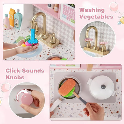INFANS Kids Kitchen Playset, Toddler Wooden Kitchen Pretend Cooking Toy Set with Coffee Maker Ice Machine Dishwasher Microwave Storage Cabinet, Simulation Play Kitchen for Boys Girls 3+ (Pink)