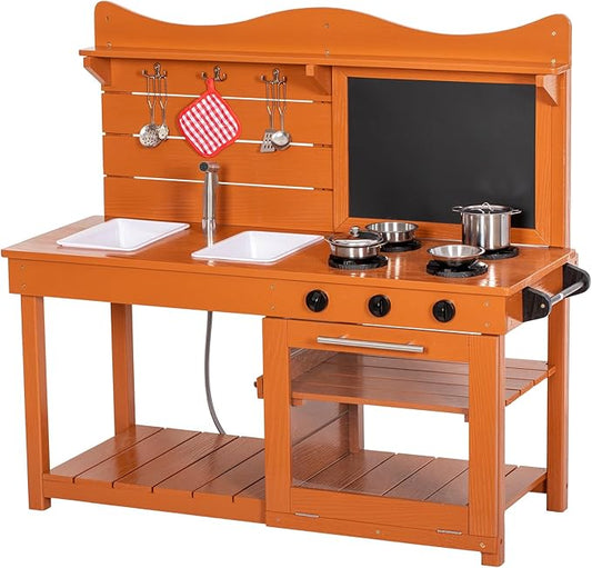 Kitchen Playset for Kids, Outdoor Wooden Mud Kitchen Set w/2 Removable Sinks & Spray Pipe, Backyard Garden Toddler Pretend Play Kitchen w/Blackboard, Kitchenware, Stove, Gift for Boys Girls