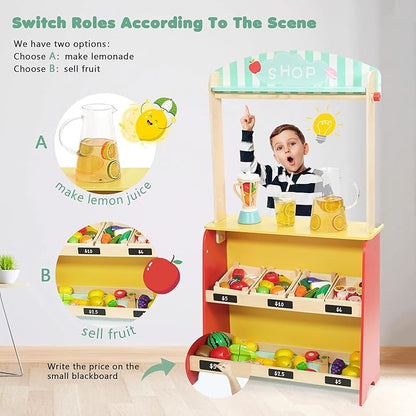 Wooden Puppet Theater Bonus 2 Hand Puppet, Double-Sided Lemonade Stand & Puppet Show Theater for Kids, Wood Deluxe Children Puppet Theatre Toy with Chalkboard