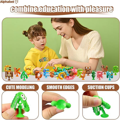Suction Bath Toy for Toddler, 26PCS Animal Alphabet, Montessori Sensory Toy Gift for Kids Aged 3-12, Educational Spelling for Autism/ADD/ADHD,No Hole Bath Toy for Baby Toddlers