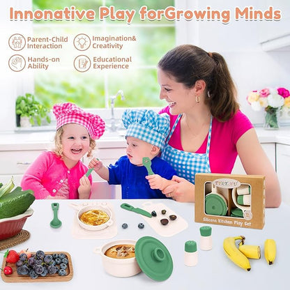 TYRY.HU Play Kitchen Accessories, 11Pcs BPA Free Silicone Pretend Play Food Sets,Play Kitchen Set,Play Kitchen Cooking Utensils Pots & Pans,Pretend Role Play Cooking Toys Gifts for Toddlers 1-3,Green