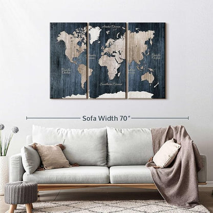 ElephantStock Aged Blue World Map I Canvas - 3 Panel Wall Decor - World Map Digital Art - Blue Wall Art - 50" X 32"