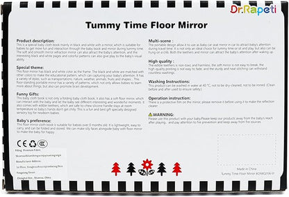 Dr.Rapeti Tummy Time Floor Mirror for Baby Infant Toddler Kids Black and White High Contrast Baby Toy with Crinkle Cloth Book Teethers Floor Activity Toy Washable Non-Toxic