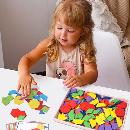 3 otters Wooden Pattern Blocks Shapes for Kids, Geometric Tangram Puzzle with Activity Cards, 150 PCS Educational Toy (Pack of 2)