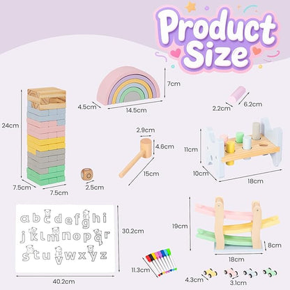 Wooden Toys for Kids, 5 in 1 Learning Educational Set (Includes Rainbow Stacker, Hammering Pounding, Race Track, Tumbling Tower Blocks, Alphabet Writing)- Gift for Boys Girls
