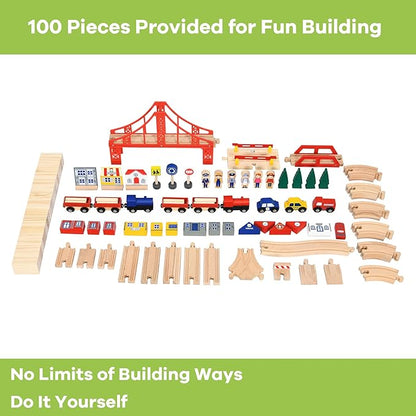 GLACER 100 Pieces Train Table, Wooden Activity Table with Storage Drawer, Tracks, Vehicles, Buildings, Wheels, Multipurpose Painted Train Table Set for Toddlers 3-5+, Gift for Boys Girls