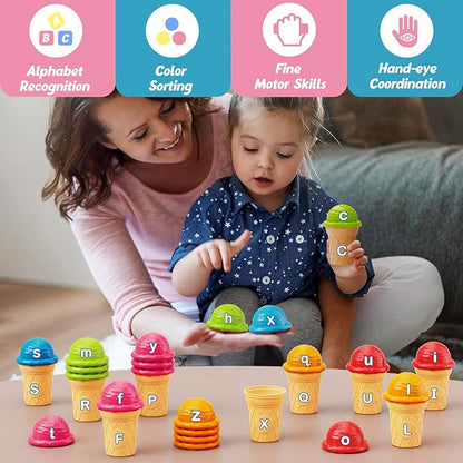 Aizweb Ice Cream Alphabet Learning Toys,Color Sorting Matching Letter Game for Toddlers,Stacking Montessori Preschool Kindergarten Learning Activities,Educational ABC Fine Motor Skills Toys