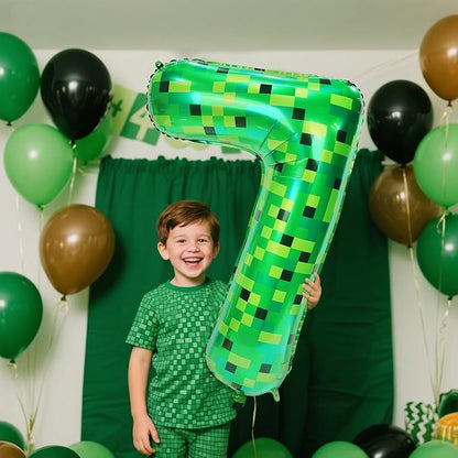 40in Pixel Giant Number 7 Balloon Birthday Decorations, Miner Theme Green Foil Balloons Blast Gaming Party Supplies