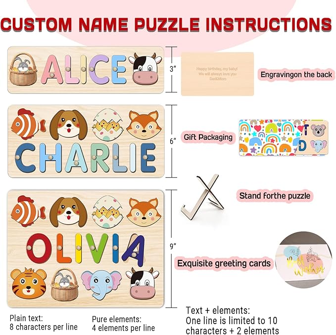 Name Puzzle for Kids Personalized, Montessori Educational Toys, Customized Wooden Puzzles for Toddlers 1-3, 1st Birthday Gift for Boys and Girls, Easter Basket Stuffer