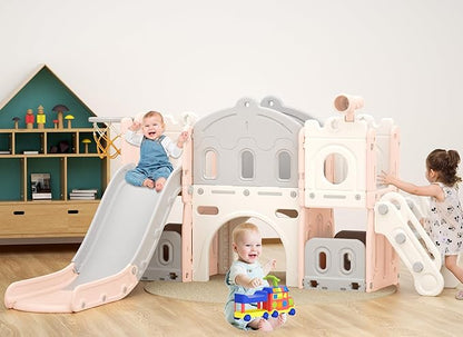 XJD 7 in 1 Toddler Slide Set, Kids Slide for Toddlers Age 1+, Toddler Climber Slide PlaySet with Basketball Hoop and Ball,Outdoor Indoor Playground for Toddlers 1-3 (Pink)
