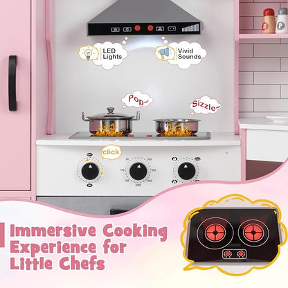 Costzon Corner Kids Kitchen Playset, Wooden Play Kitchen w/Sounds & Lights, Washing Machine, Range Hood, Ice Maker, Microwave, Oven, Sink, Pretend Toy Kitchen Set for Toddler, Gift for Boys Girls