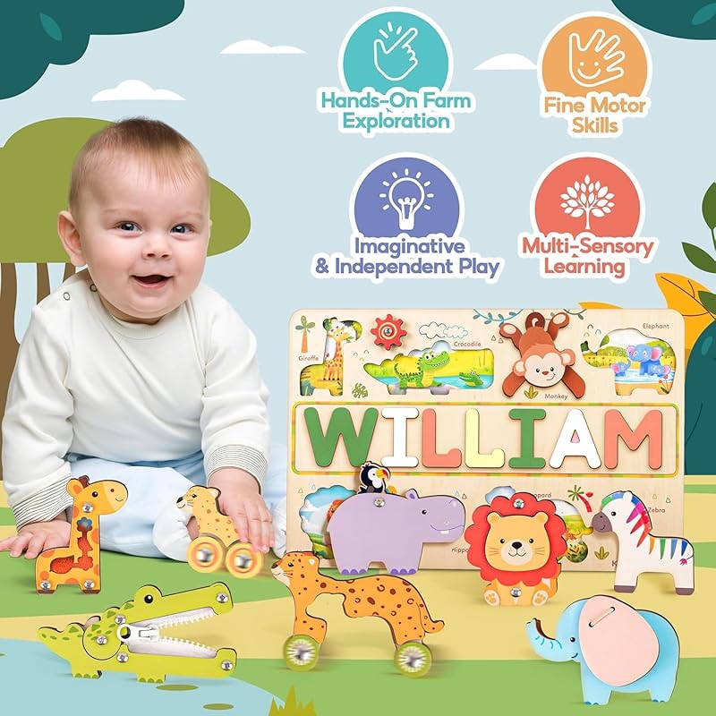 Personalized Wooden Name Puzzle for Toddlers 1-3 - Montessori Wooden Safari Sensory Toy with Jungle Animals, Custom Educational Learning Toys, Perfect Birthday Gift for Boys & Girls