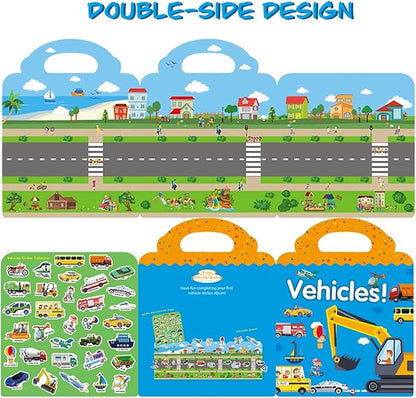 Reusable Sticker Book for Kids, Vehicles Truck Stickers Educational Learning Toys Travel Stickers Activity Books for Toddler Girls Boys Age 3+ Birthday Gifts