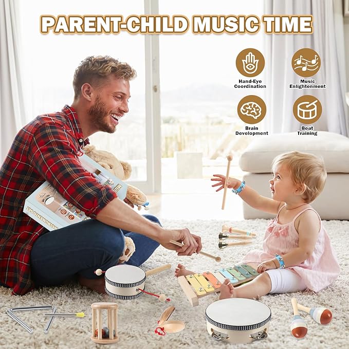 11 in 1 Baby Musical Instruments-Montessori Wooden Toys for Toddlers 1-3, Neutral Colors Percussion Instruments with Modern Boho Xylophone for Kids Preschool Educational 3+ with Storage Bag