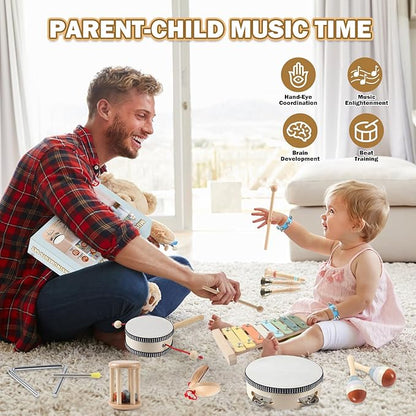 11 in 1 Baby Musical Instruments-Montessori Wooden Toys for Toddlers 1-3, Neutral Colors Percussion Instruments with Modern Boho Xylophone for Kids Preschool Educational 3+ with Storage Bag