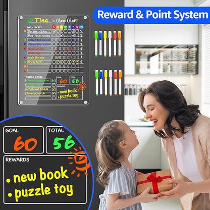 PigPotParty Acrylic Magnetic Chore Chart for Kids, 12"x16" Reward Responsibility Chart, Chores Checklist, 3 Weekly Dry Erase Fridge Board for Teens Adult Family Multiple Kids, w/ 18 Markers & Towel
