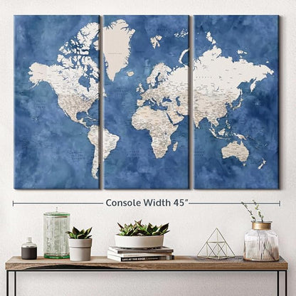 ElephantStock Detailed World Map With Cities I Wall Art - Horizontal Canvas - 3-Piece Living Room Decor - Watercolor Map Canvas Print - Beige and Blue Wall Decor by Blursbyai - 45" X 28"