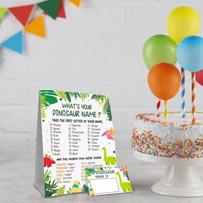 What is Your Dinosaur Name Game, Game Sign and 30 Cards, Dinosaur Birthday Party Sign for Boys and Girls, Holiday Activity, Kids Dinosaur Activity Cards, Dinosaur Activity Decoration Supplies