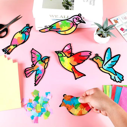 Qyeahkj 36 Set Bird Suncatchers Crafts for Kids DIY Bird Window Tissue Paper Craft Kit Animal Hanging Decor for Summer School Home Activity Art Project Birthday Party Favor Gift