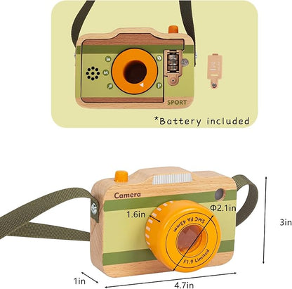 Wooden Mini Pretend Camera Toy with Real Sounds and Light for Toddlers 3 Years Old, Neck Hanging Photographed Props for Boys Girls Children Kids